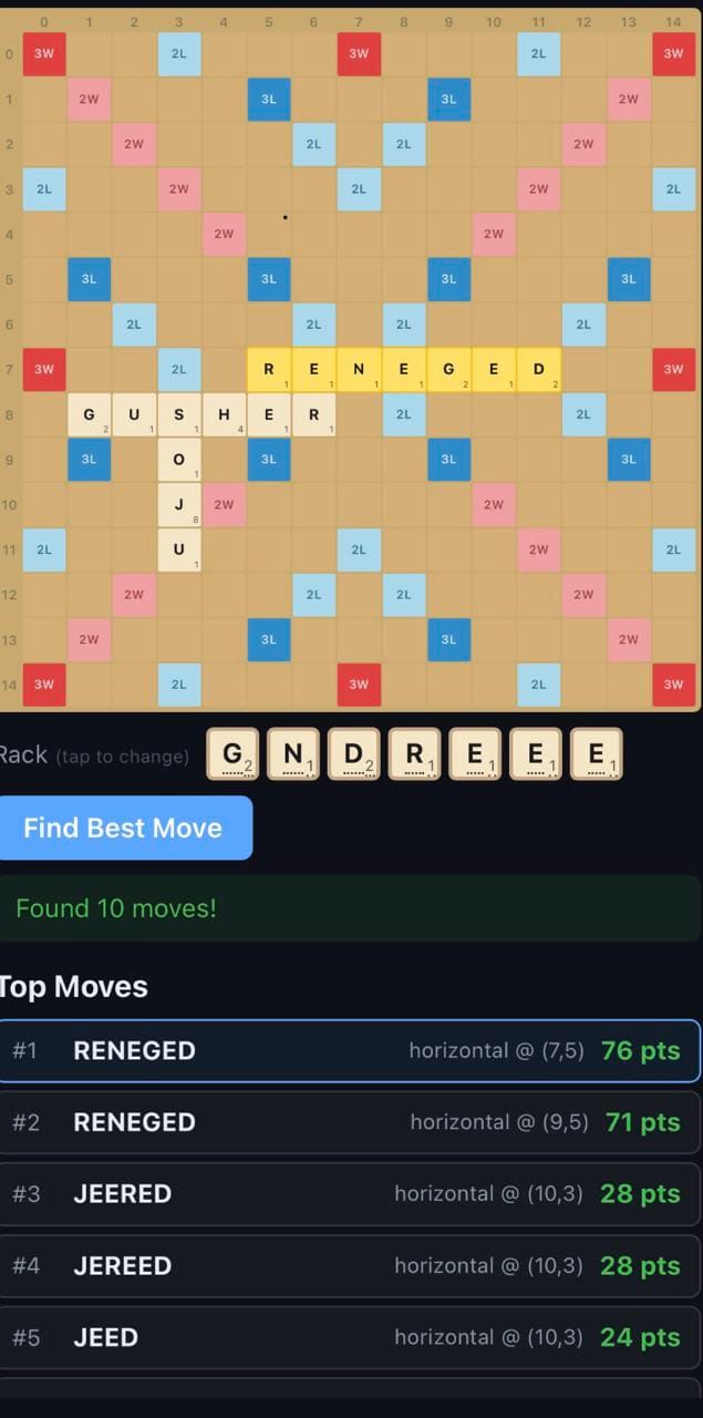 RENEGED — 76 points. The AI solved the board in ten minutes.