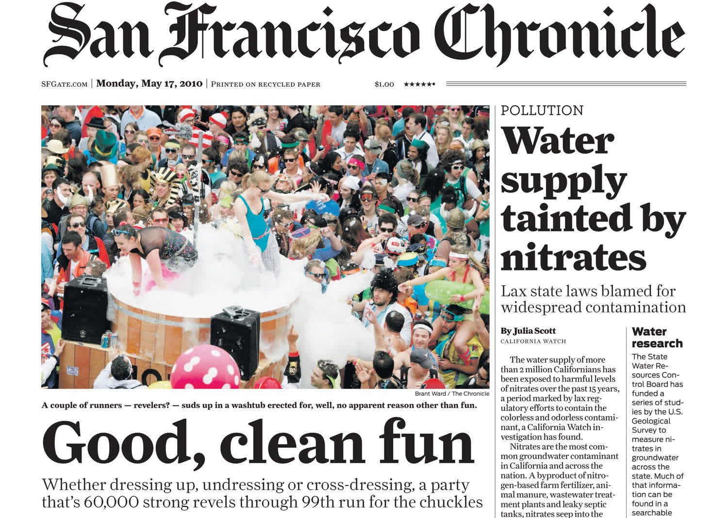 San Francisco Chronicle front page, Monday May 17 2010. Headline "Good, clean fun" over a photo of a crowd around a wooden hot tub full of suds