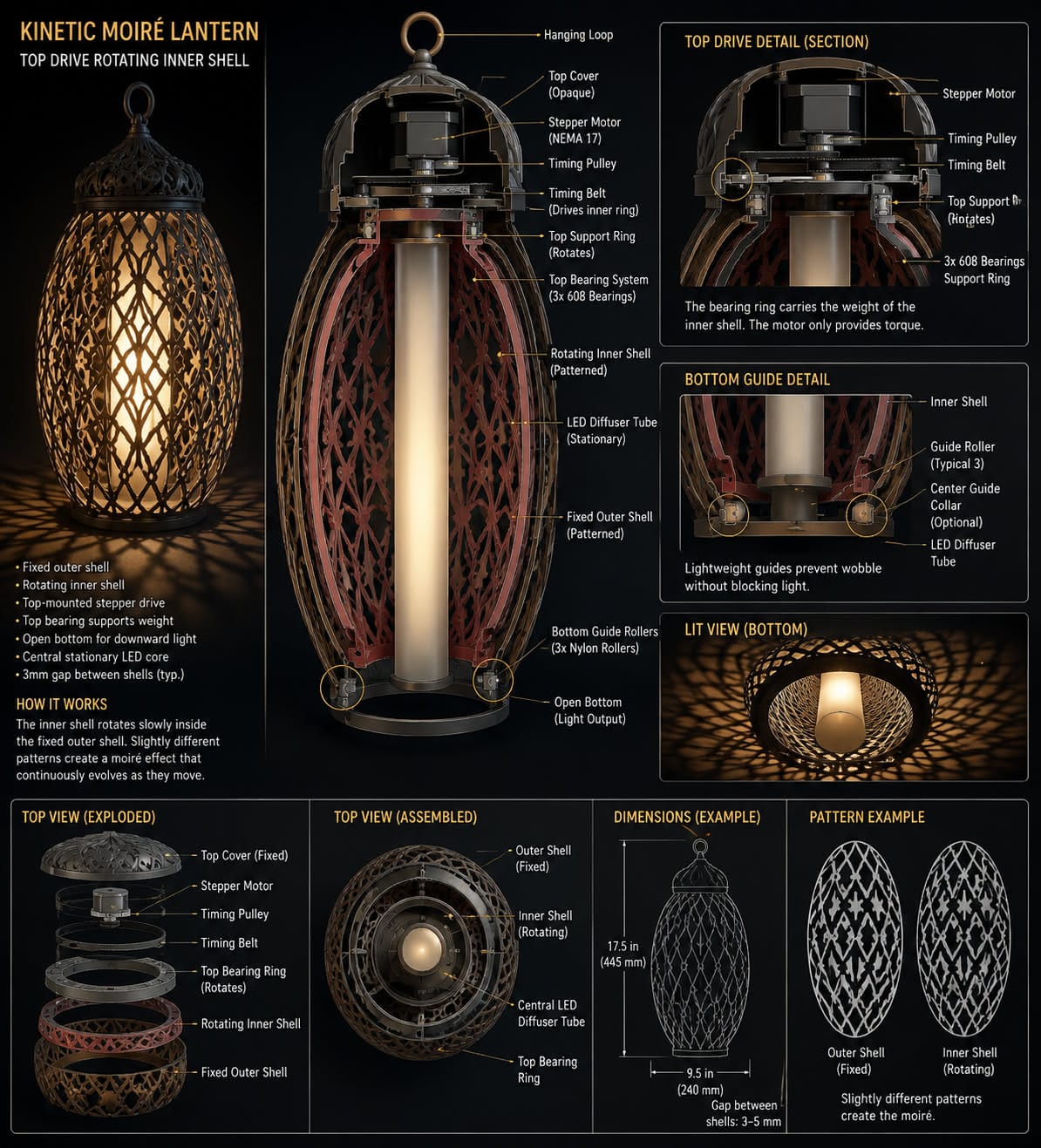 The full ChatGPT concept sheet for the lantern: an exploded view, a section through the drive, detail callouts and dimensions