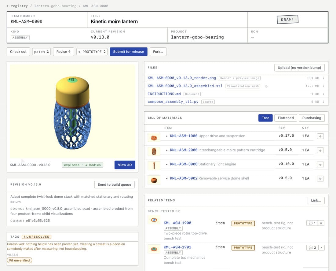 The PLM item page for the lantern's top assembly, showing the 3D render, current revision, files and the bill of materials